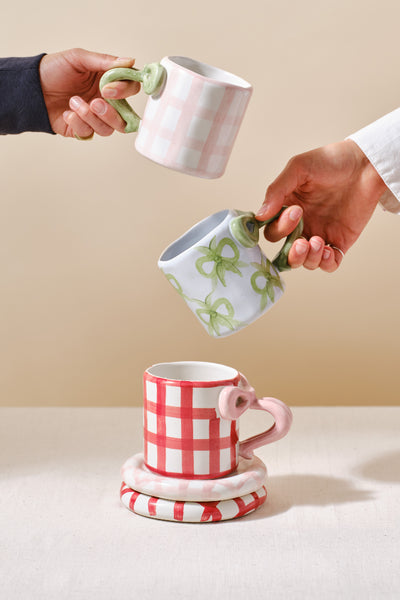 hand painted bow handle mug - red gingham