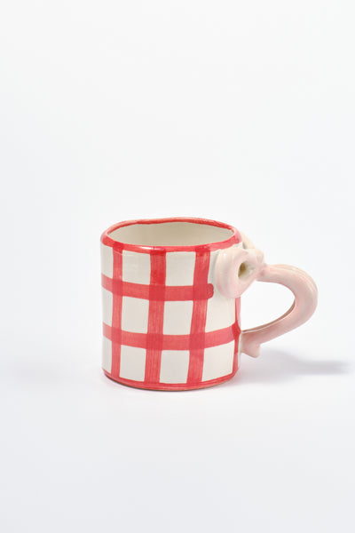 hand painted bow handle mug - red gingham