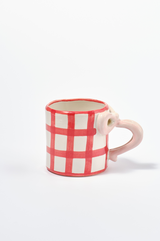 hand painted bow handle mug - red gingham