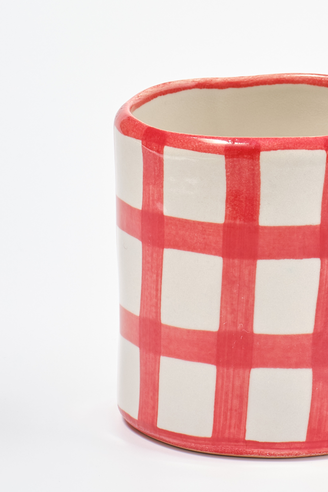 hand painted bow handle mug - red gingham