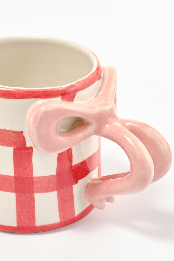 hand painted bow handle mug - red gingham