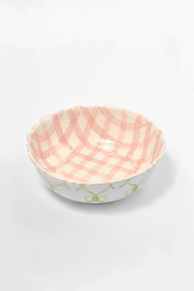 hand painted bow frill edge large serving bowl - pink gingham