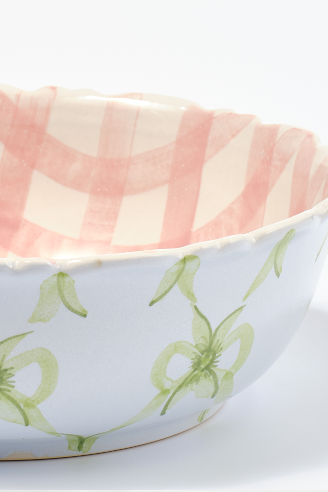 hand painted bow frill edge large serving bowl - pink gingham