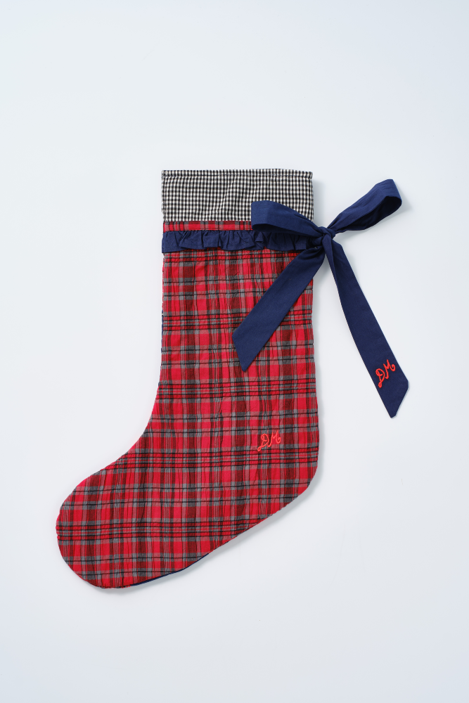 patchwork bow christmas stocking - navy, gingham & red check