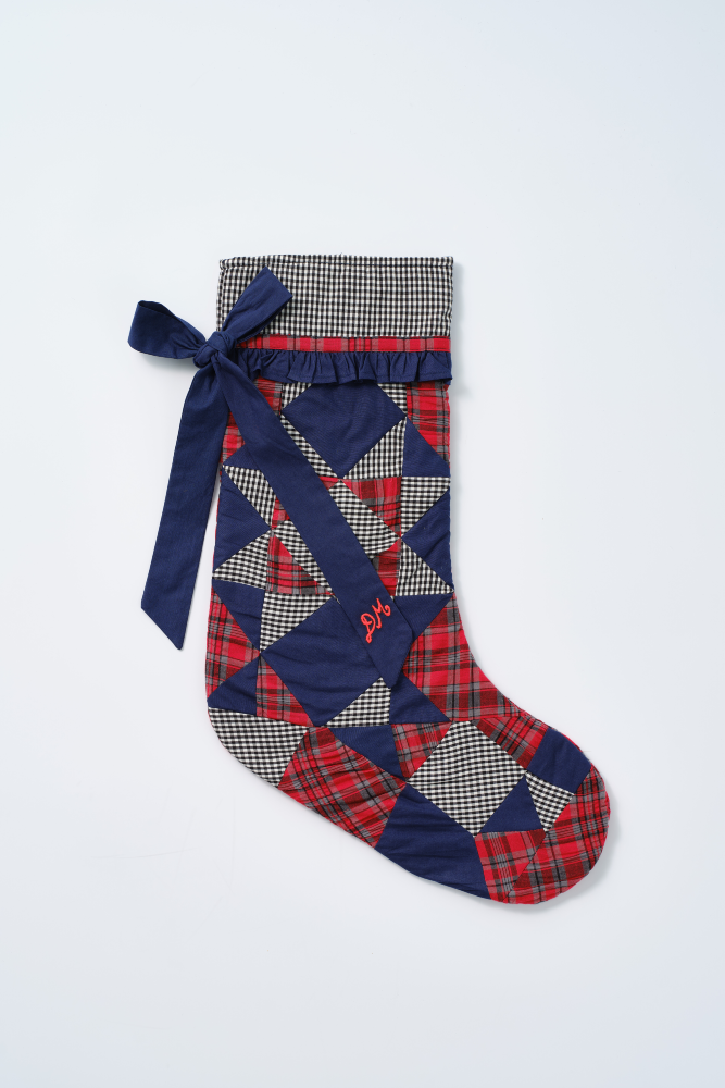 patchwork bow christmas stocking - navy, gingham & red check