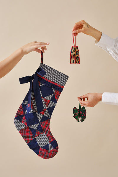 patchwork bow christmas stocking - navy, gingham & red check