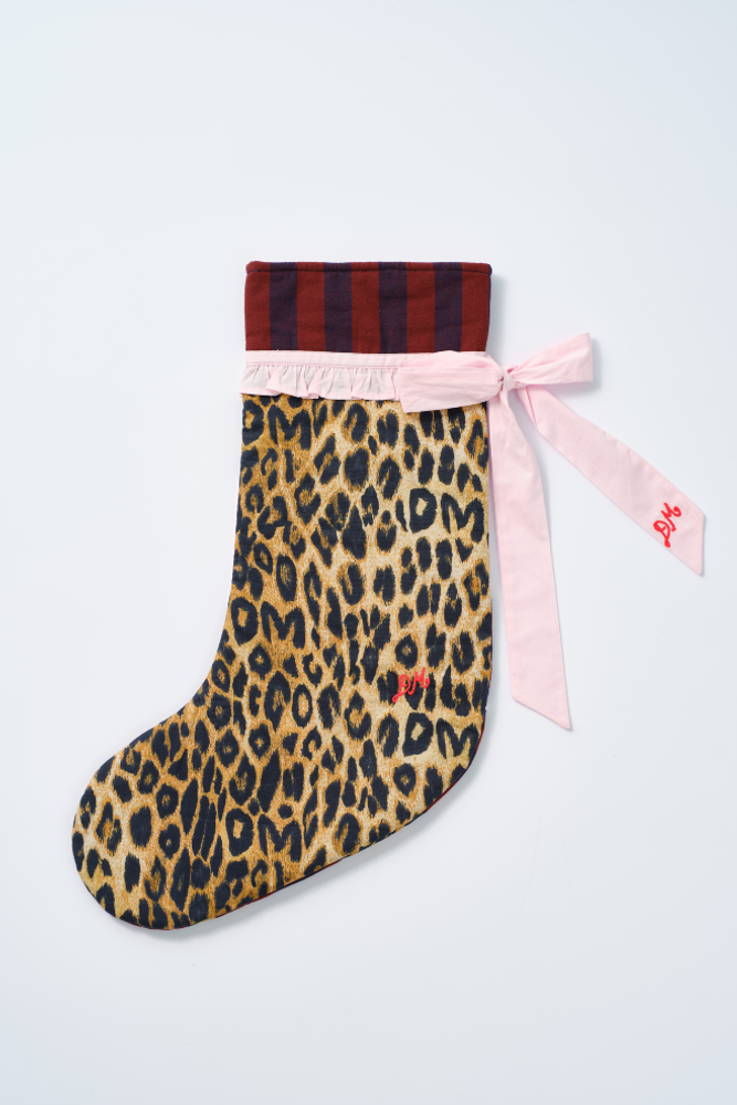 patchwork bow christmas stocking - pink, leopard & stripe