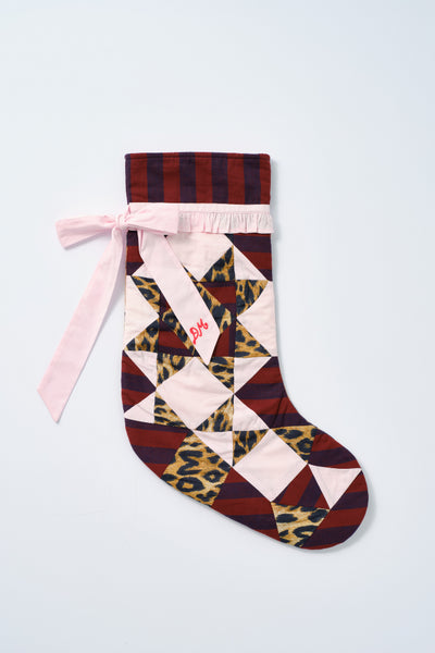 patchwork bow christmas stocking - pink, leopard & stripe