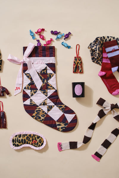 patchwork bow christmas stocking - pink, leopard & stripe