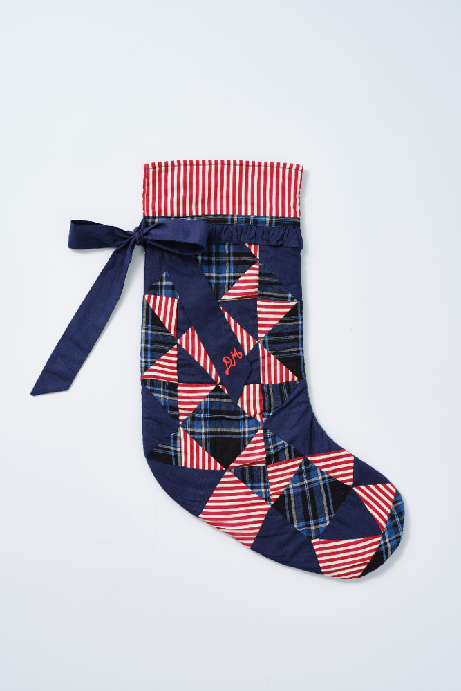 patchwork bow christmas stocking - navy, check & red stripe