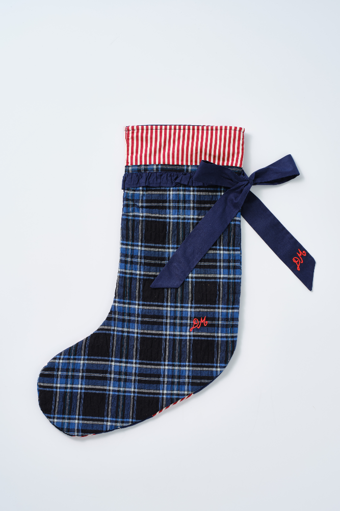 patchwork bow christmas stocking - navy, check & red stripe