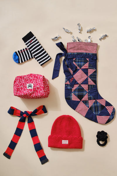 patchwork bow christmas stocking - navy, check & red stripe