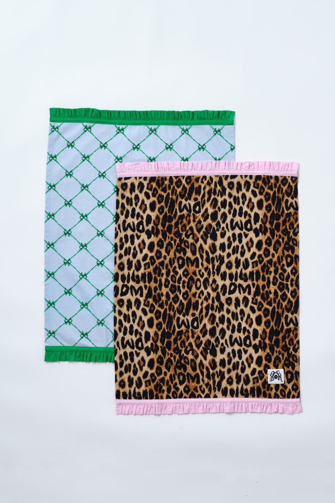 set of 2 ruffle tea towels - leopard & bow print