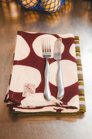 Set Of Two Tea Towels- Burg Spot /Olive Stripe