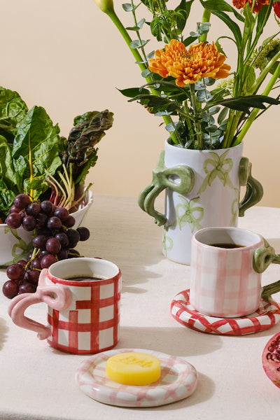 hand painted saucer - pink gingham