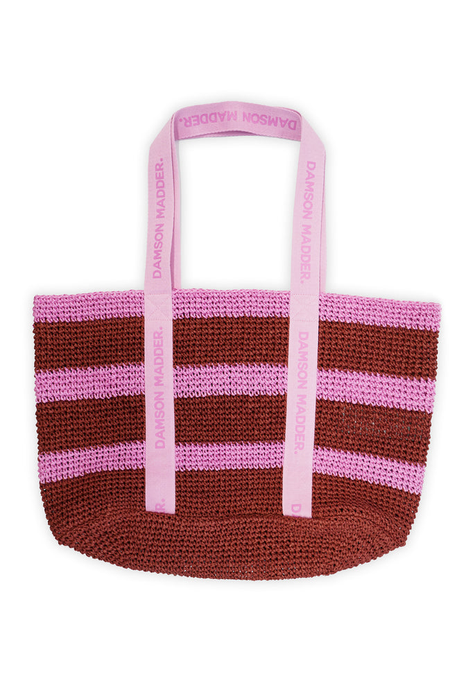 Stripe Raffia Tote Bag Pink/Red