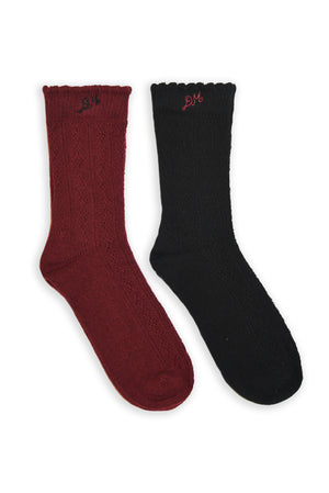 Calf Length 2 Pack Pointelle Socks- Burg/Black