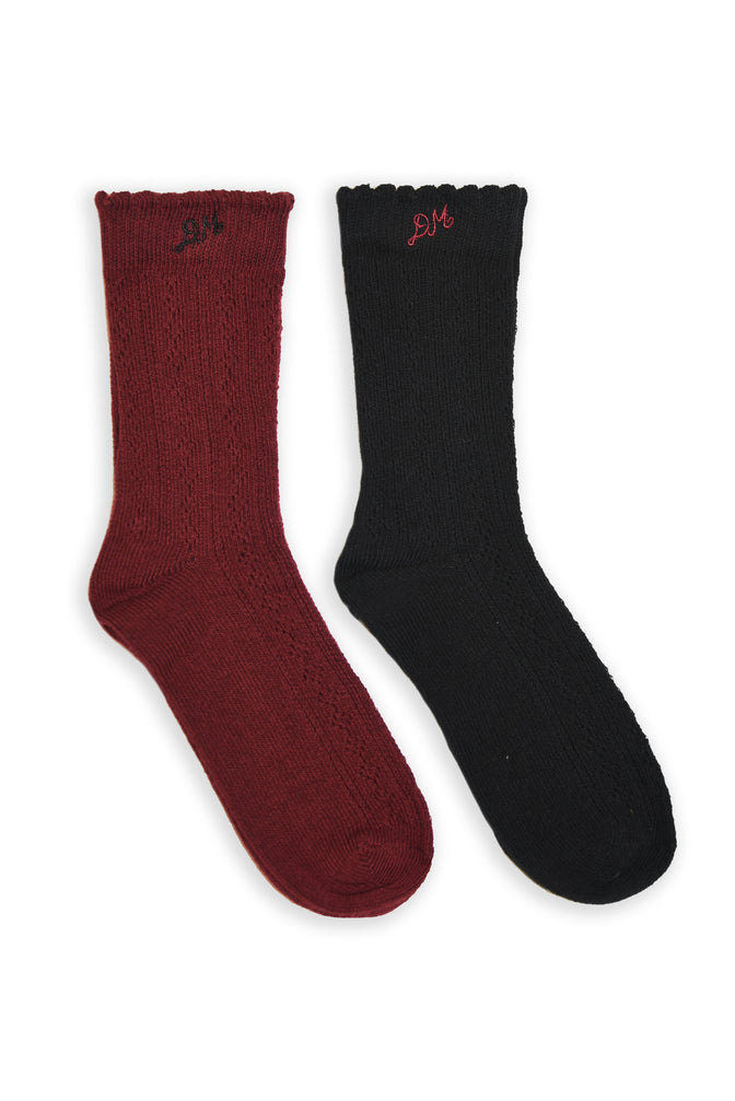 Calf Length 2 Pack Pointelle Socks- Burg/Black