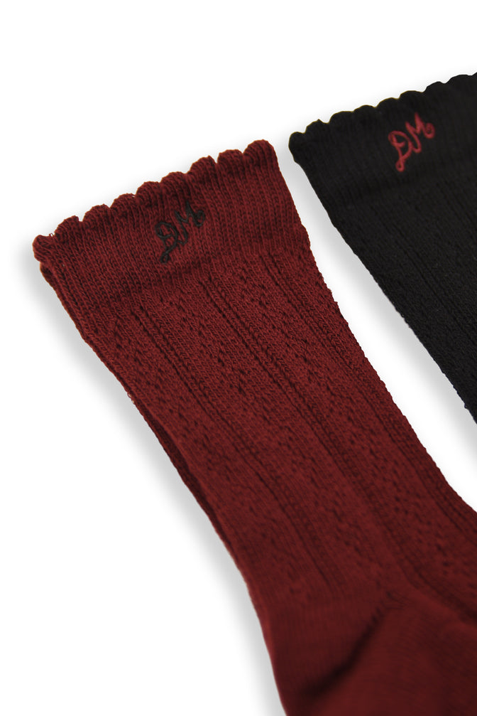 Calf Length 2 Pack Pointelle Socks- Burg/Black