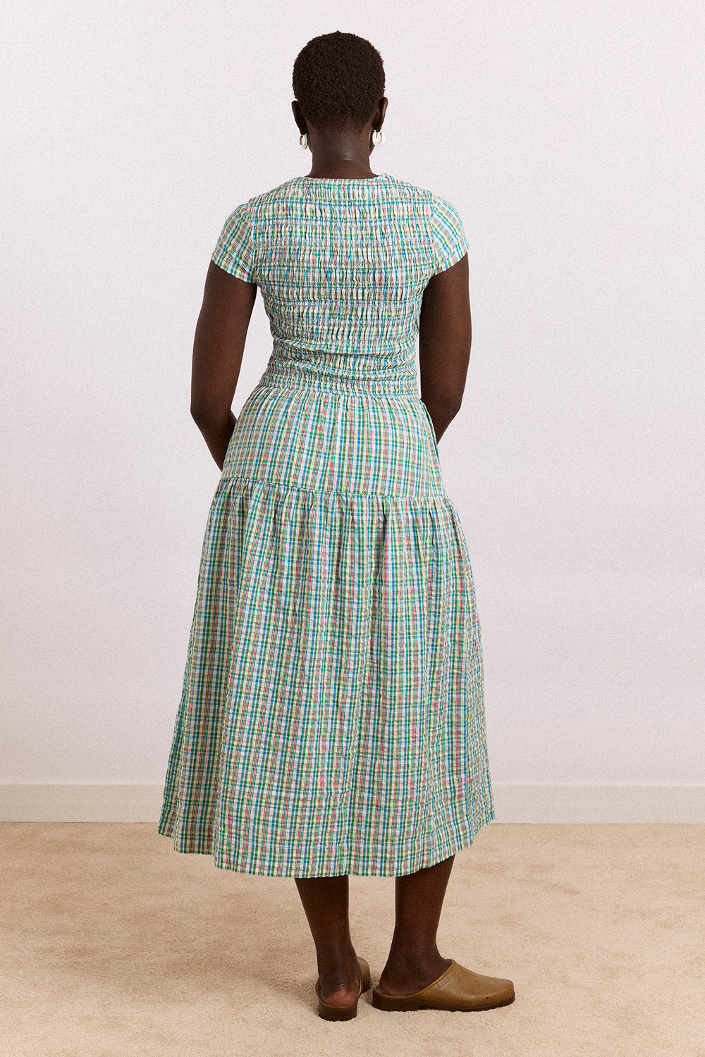 ebba check printed cotton dress Damson Madder - Ebba Midi Dress - Picnic Blue Check