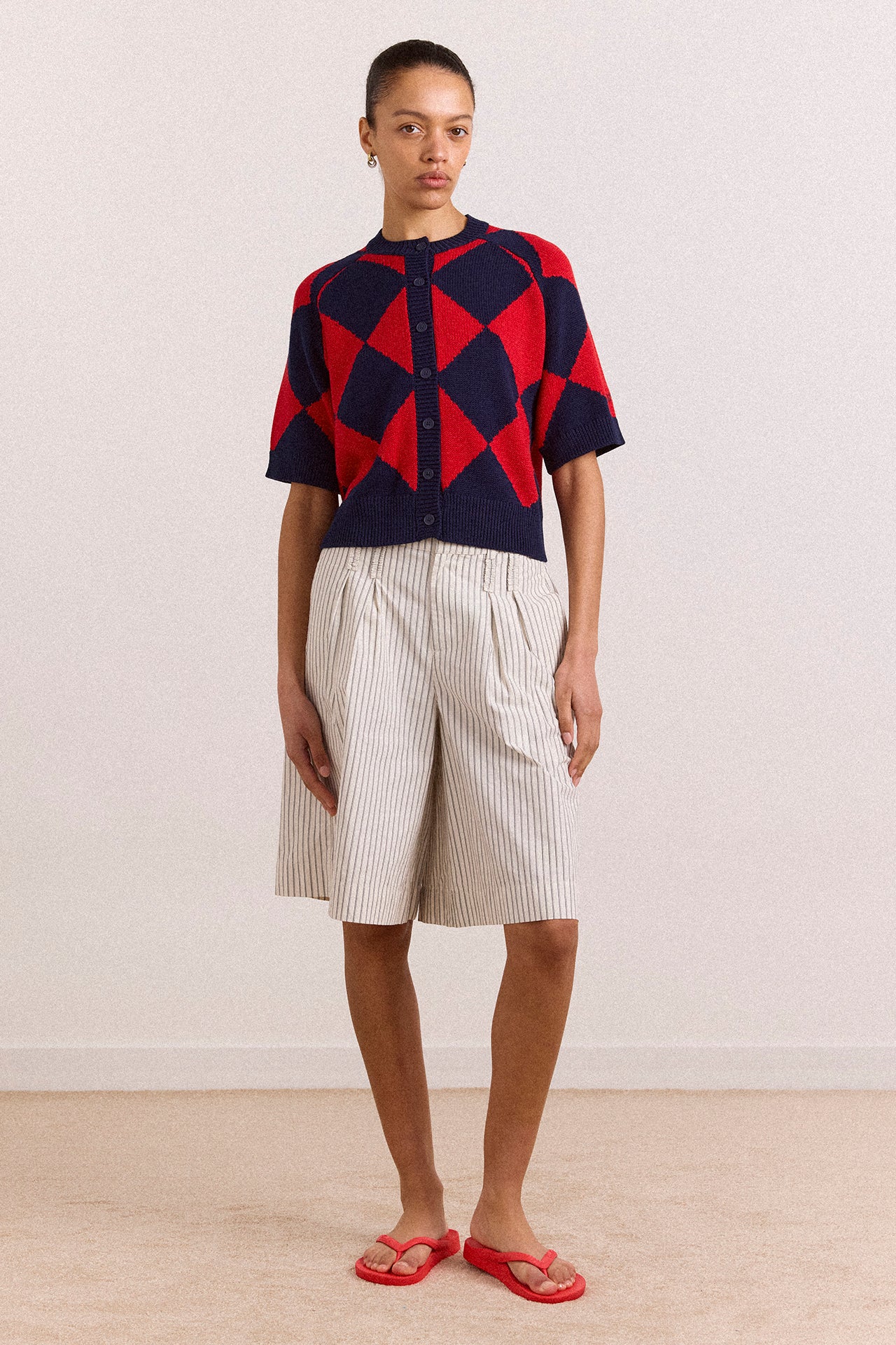 Edie Cotton Harlequin Cardigan - Red & Navy – Damson Madder