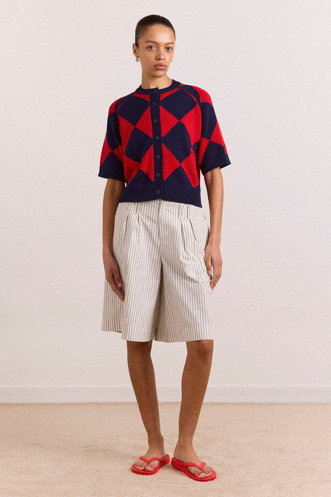 Edie Cotton Harlequin Cardigan - Red & Navy