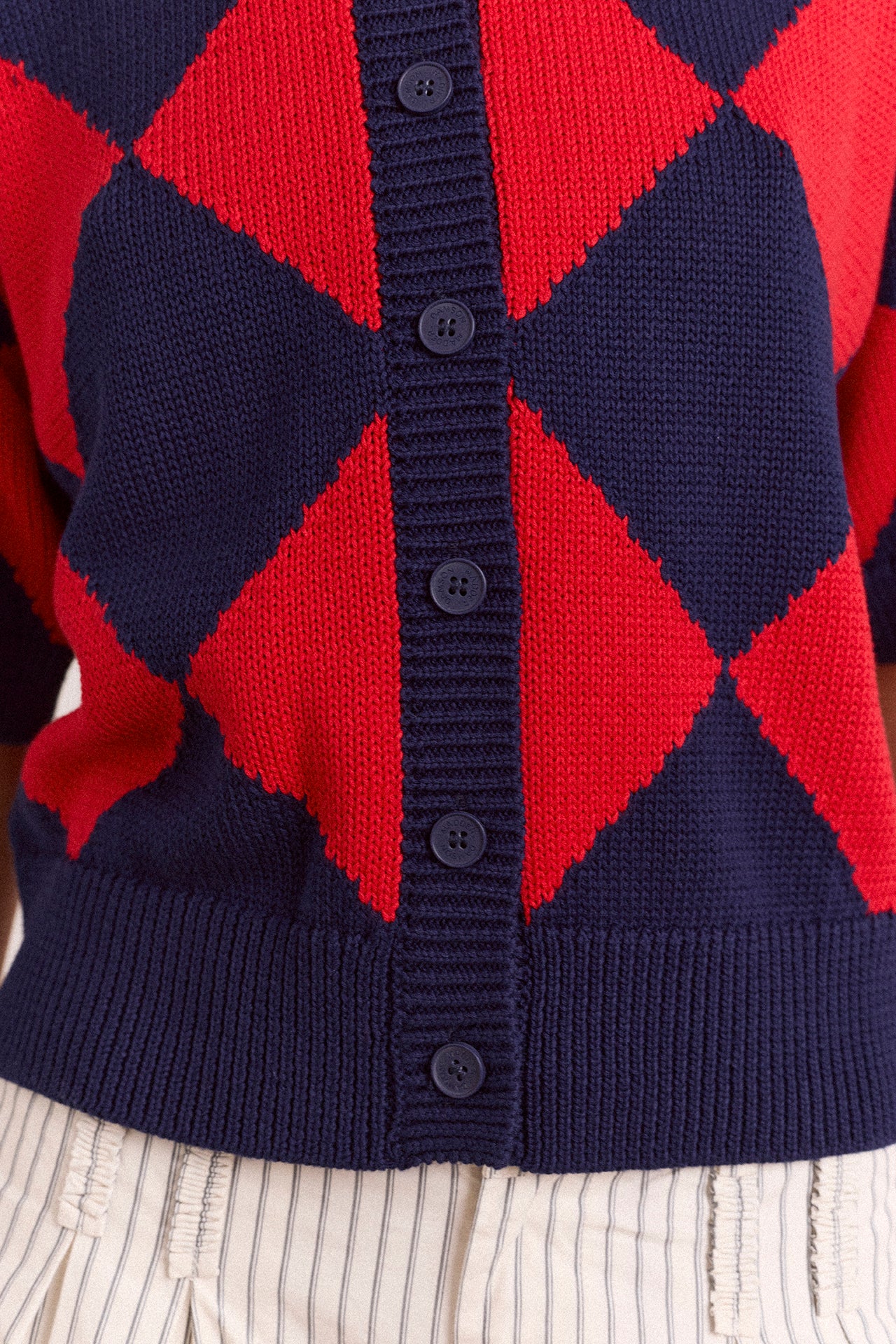 Edie Cotton Harlequin Cardigan - Red & Navy – Damson Madder