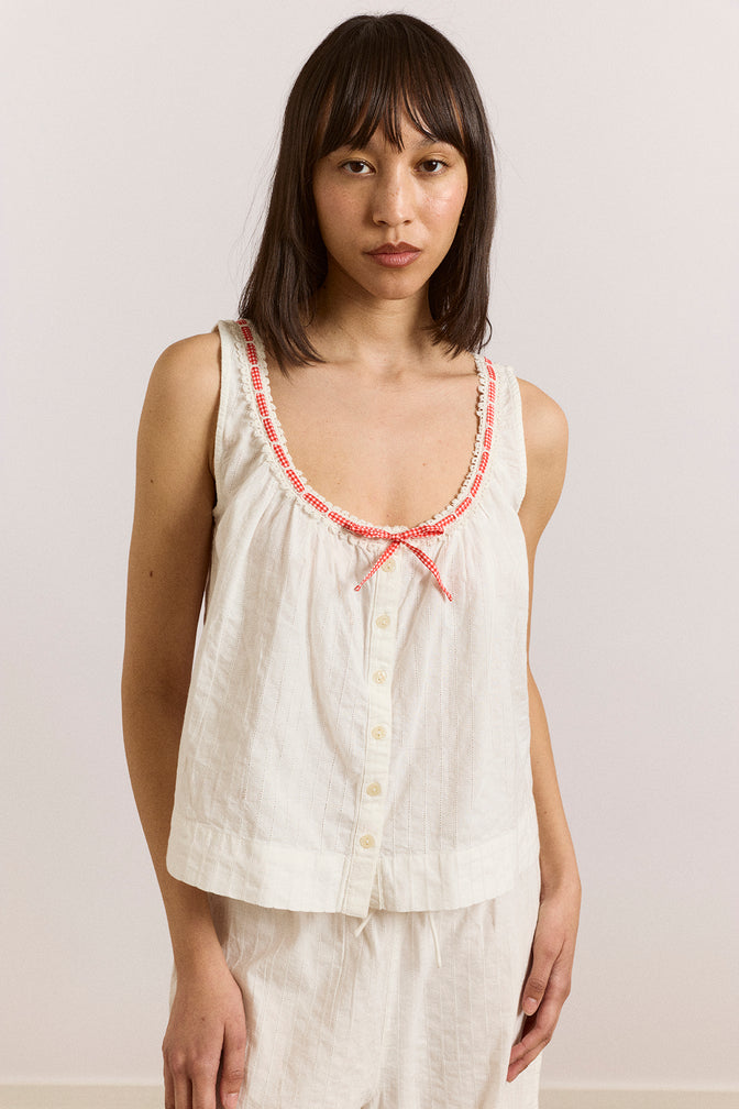 elodie cami - white with red gingham tie