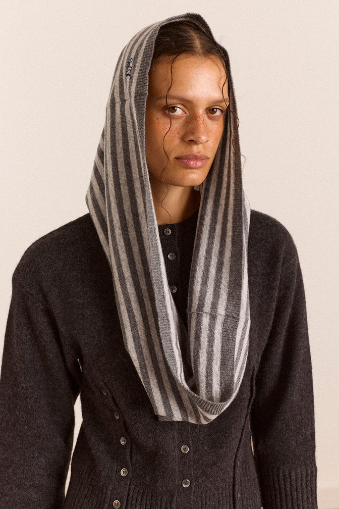 Merino Wool Snood Scarf - Grey/Charcoal Stripe
