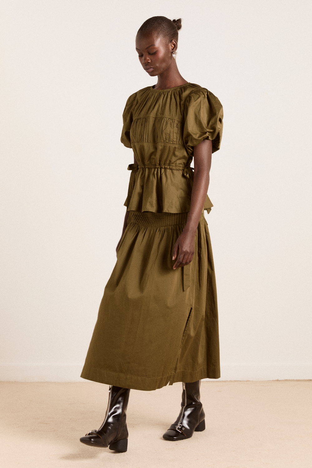 josie midi skirt - olive cotton satin