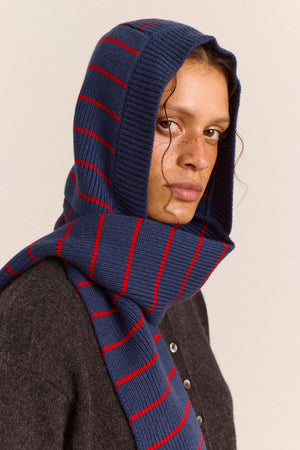 Merino Wool Hooded Scarf - Blue Stripe