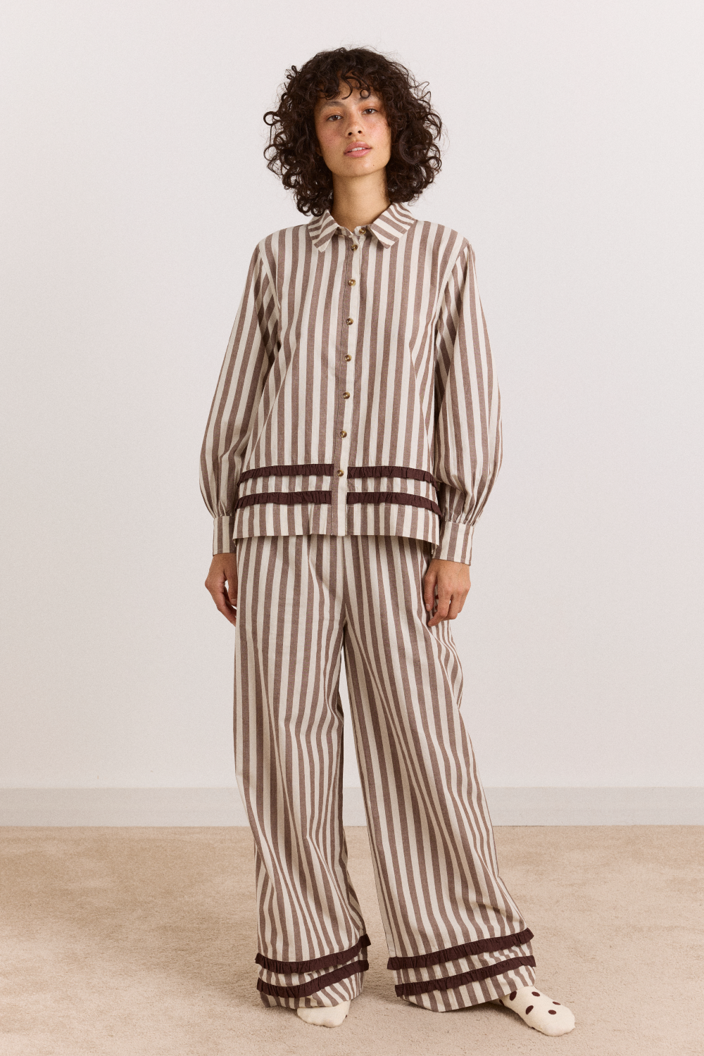Izzy Pyjama Set - Choc Ecru Stripe