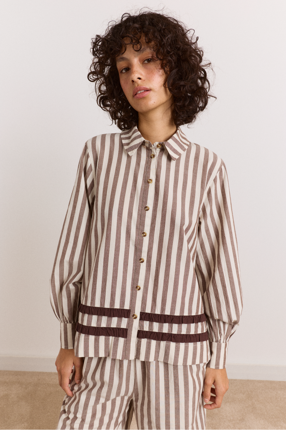 Izzy Pyjama Set - Choc Ecru Stripe