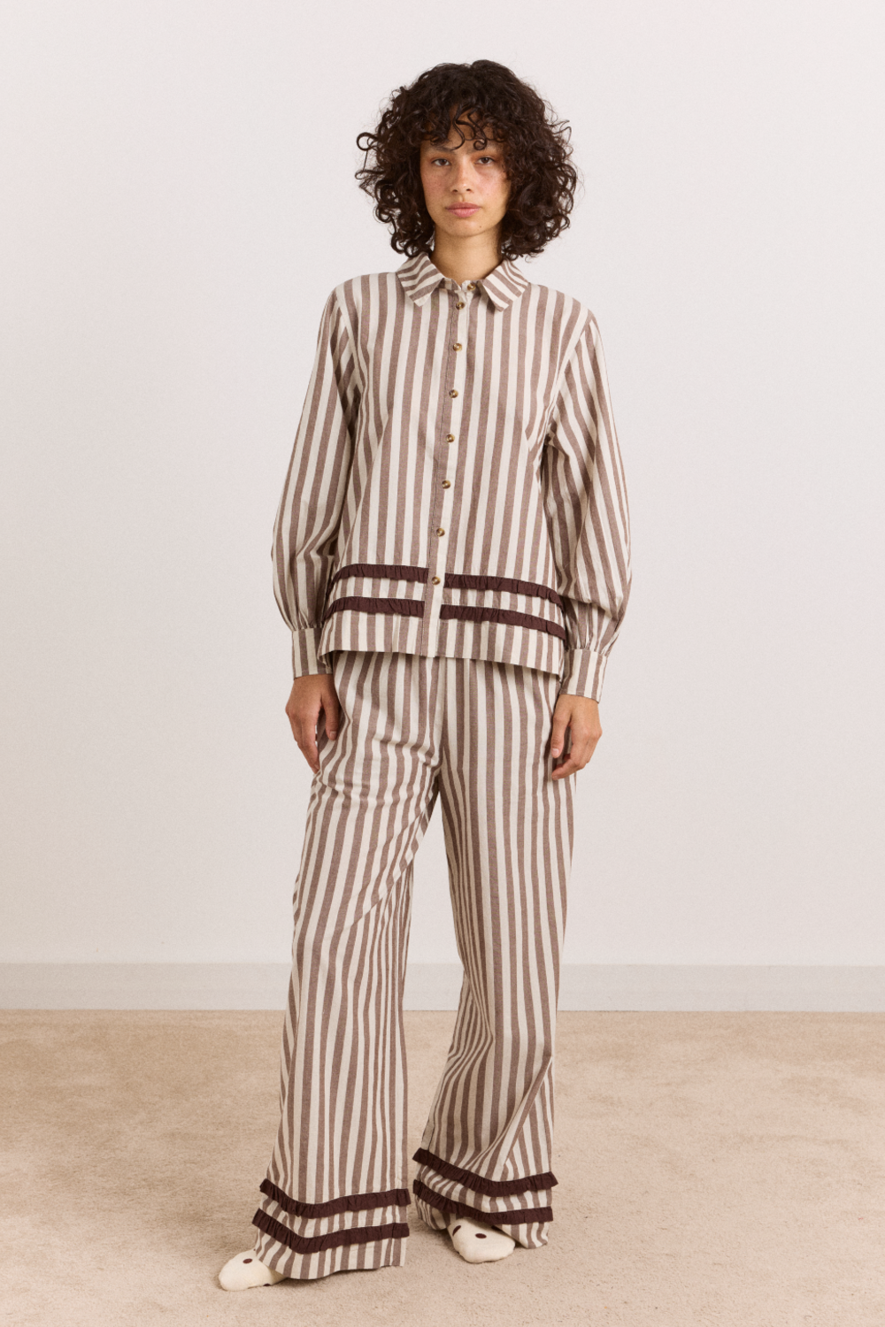 Izzy Pyjama Set - Choc Ecru Stripe