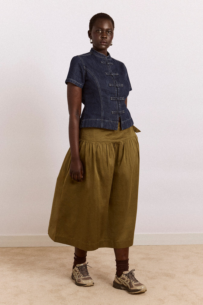 josie midi skirt - olive cotton satin