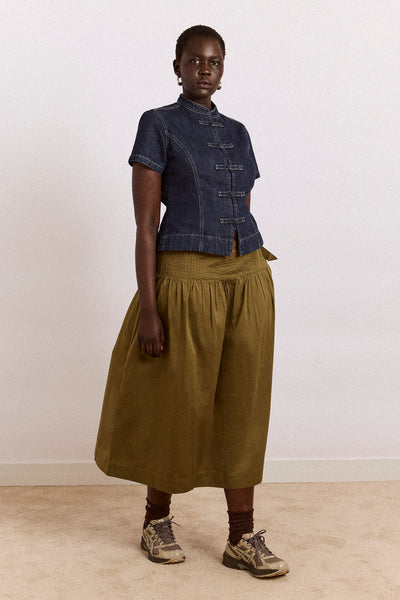 【新品未使用】maddermadder walk in garden skirt Josie Midi Skirt - Olive Cotton Satin – Damson Madder