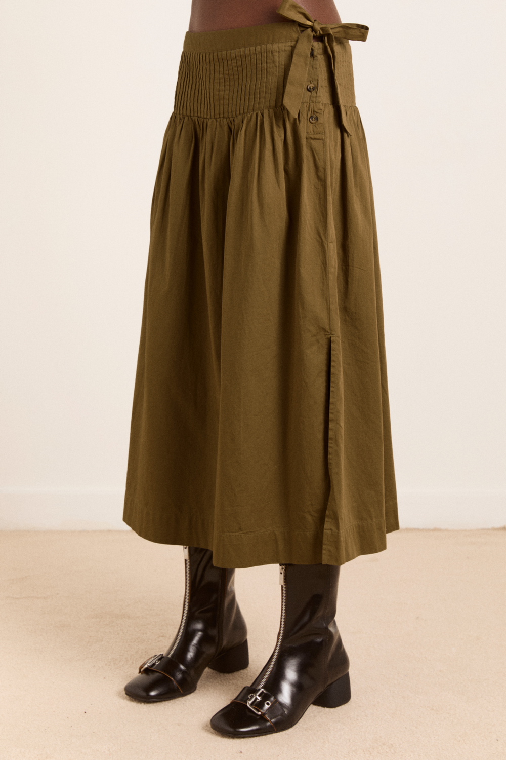 josie midi skirt - olive cotton satin