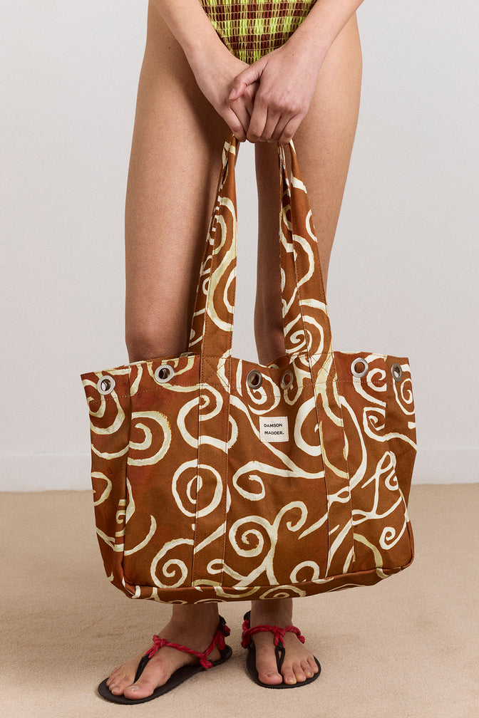 large canvas eyelet tote bag - swirl print