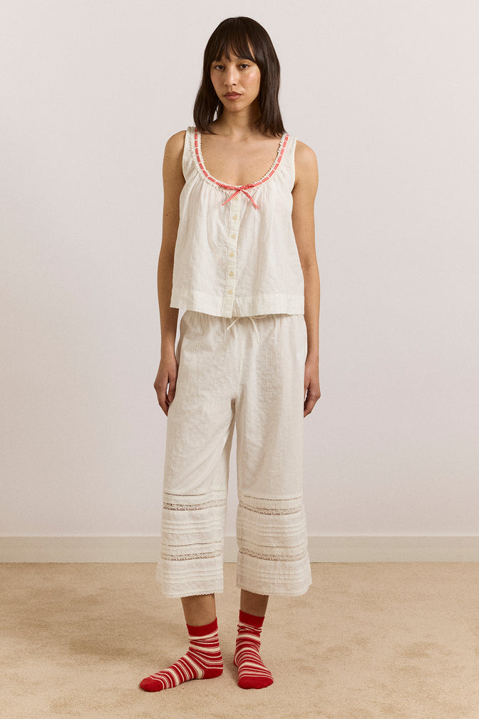elodie cami - white with red gingham tie