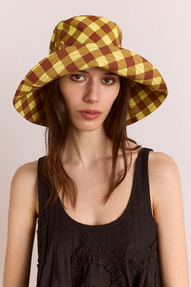 Sunhat With Tie - Avo & Choc Gingham
