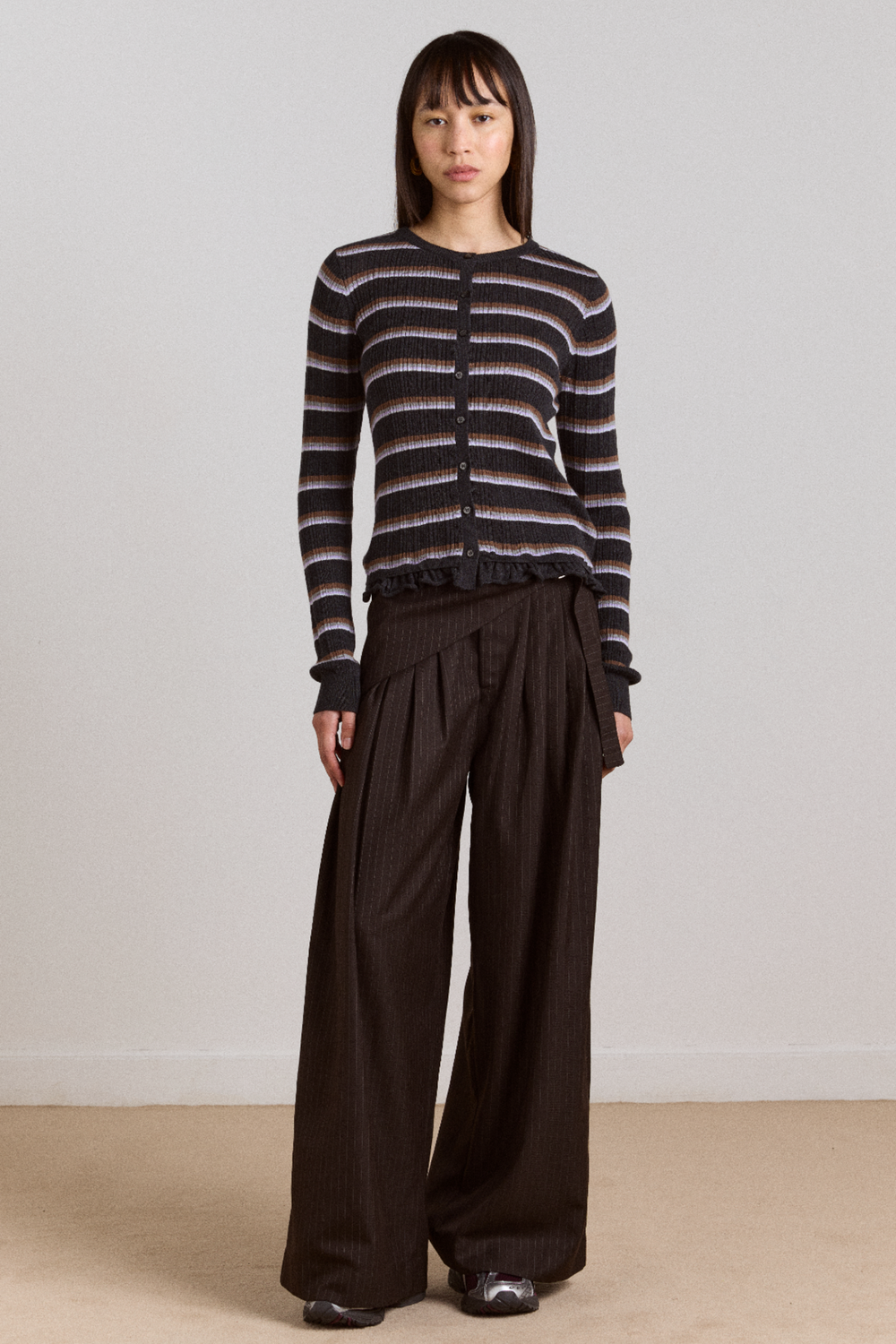fabia trouser - choc pinstripe