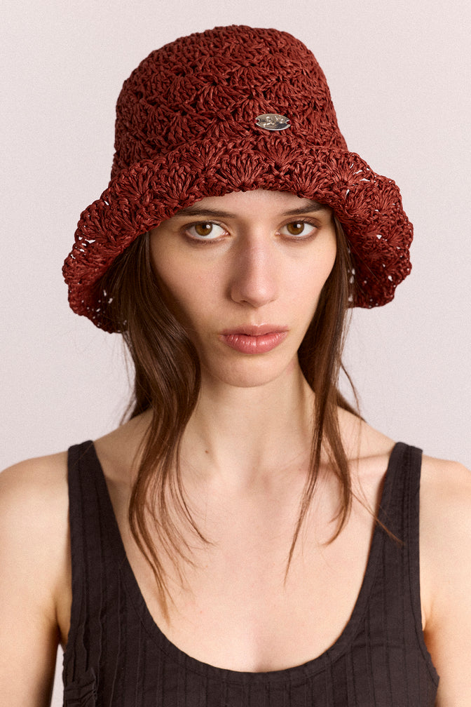 raffia tulip bucket hat - rust