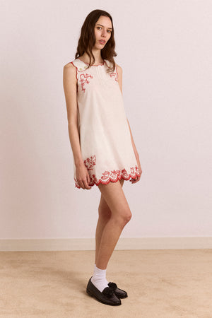 Natalina Wrap Mini Dress - White With Red Embroidery