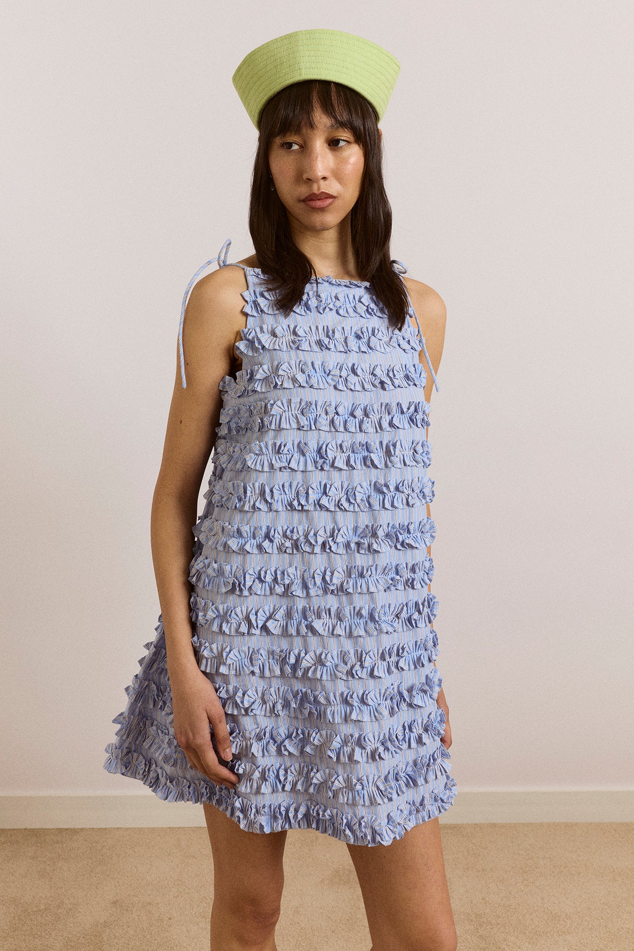 leili ruffle mini dress- mini blue stripe – Damson Madder