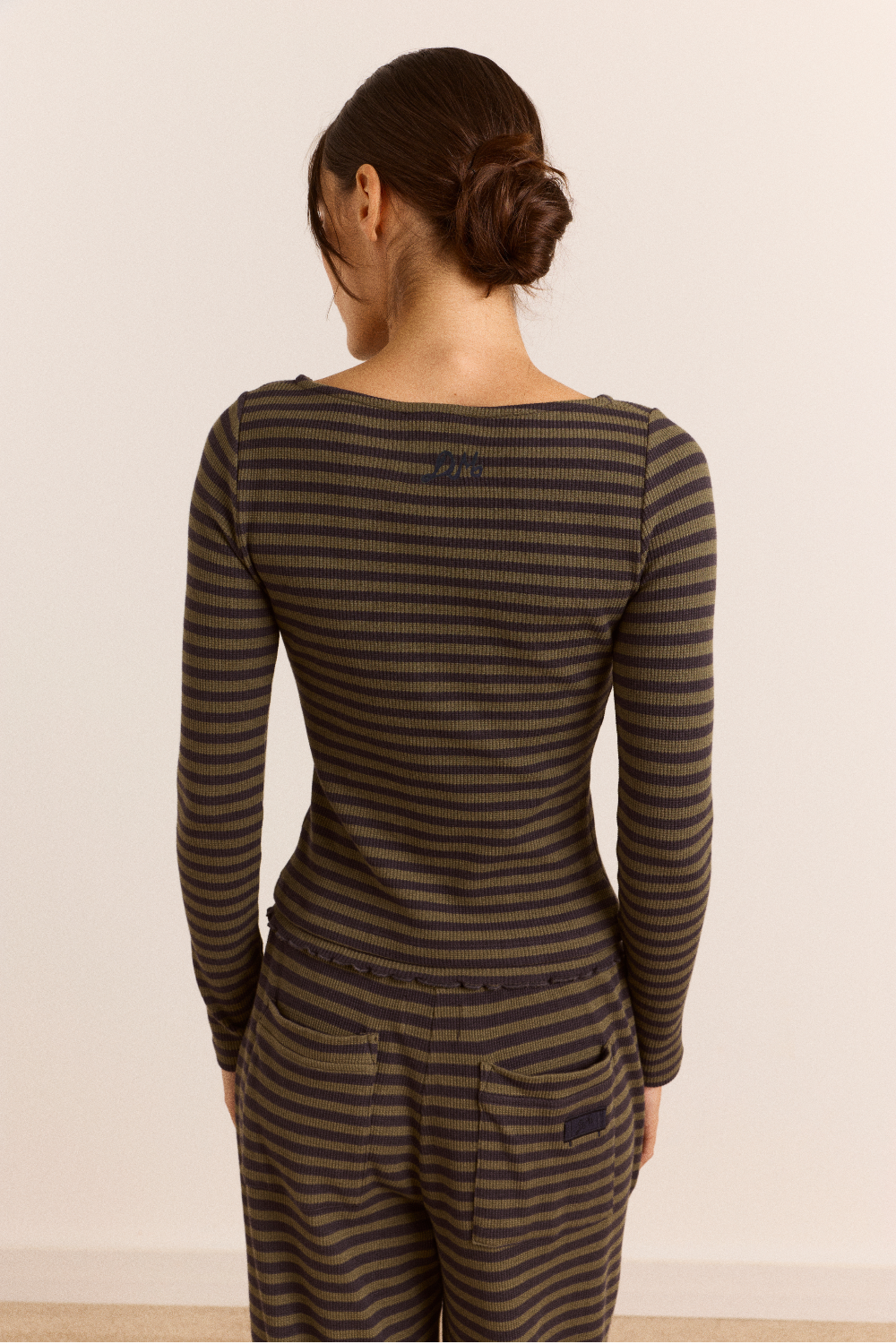 Lizzie Long Sleeve Top - Green/Grey Stripe