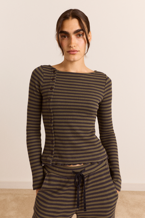 Lizzie Long Sleeve Top - Green/Grey Stripe