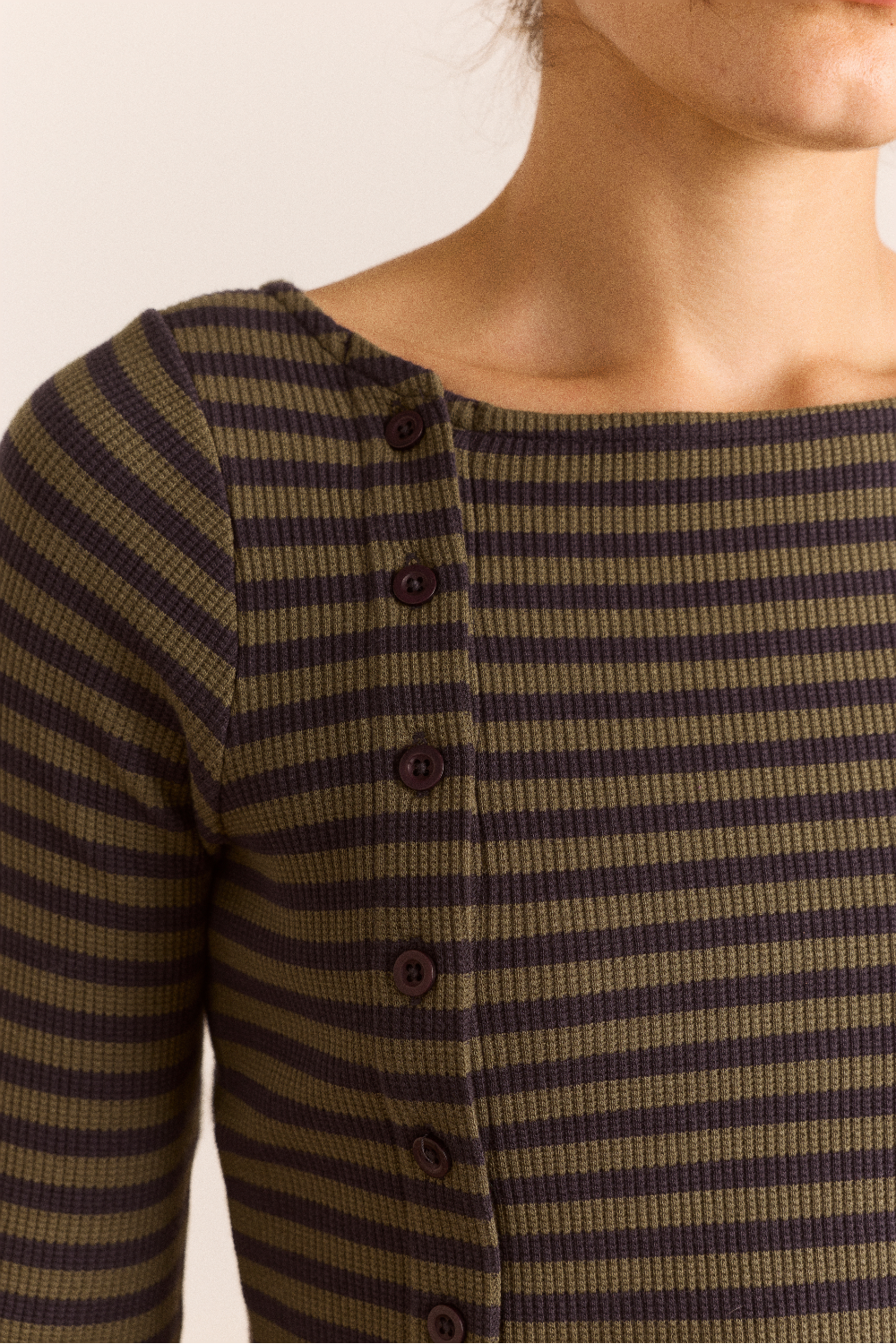 Lizzie Long Sleeve Top - Green/Grey Stripe