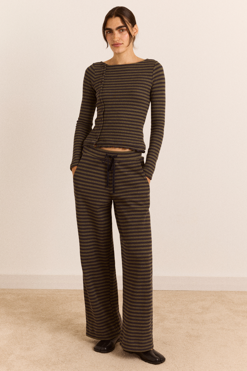 Lizzie Long Sleeve Top - Green/Grey Stripe
