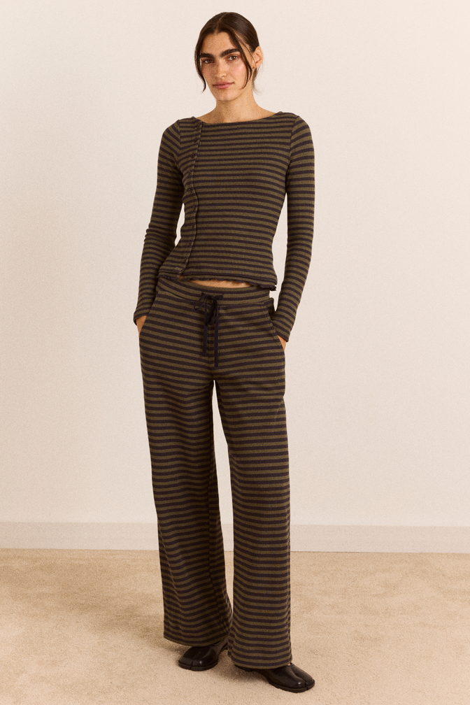 Lizzie Long Sleeve Top - Green/Grey Stripe