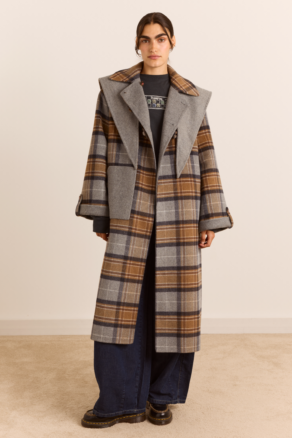 Reversible Wool Long Jerry  Coat -Swift Grey Check